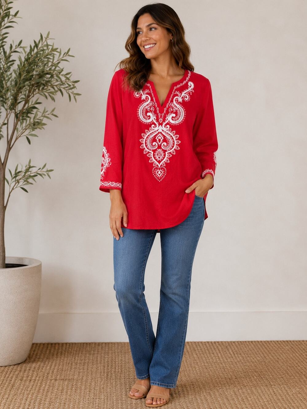 Karen Kane Super Bloom Embroidered Tunic Red White Cotton Boho Top S NWT